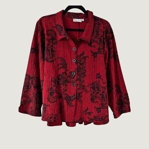 Habitat Red Black Retro Paisley Crinkle Button Front Shirt Top Large